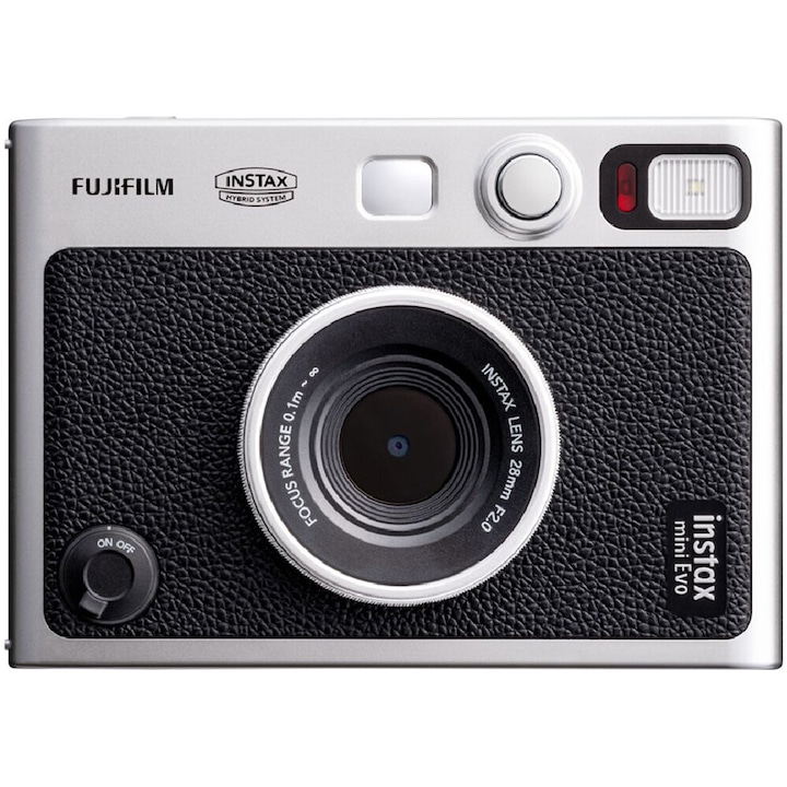 Fujifilm Instax Mini Evo camera front view with textured black grip and silver body details